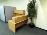 L-Shaped Receptionist Desk with Upper Storage, Decorative Tree.