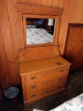 Antique Spoon Carved 3-Drawer Ladies Dresser with Mirror & Side Candle Pedestals.