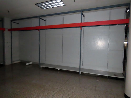 168' of Inventory Racking with Peg Board Backing with Metal Top Shelf, Bott