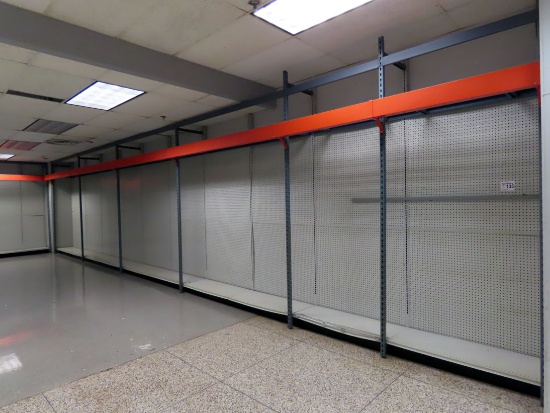 62' of Inventory Racking with Peg Board Backing with Metal Top Shelf, Botto