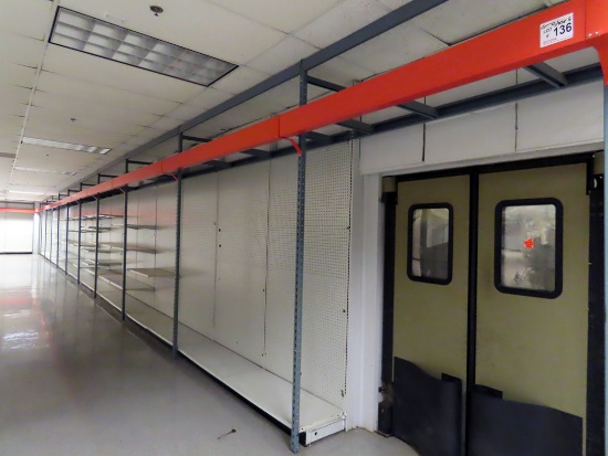 160' of Inventory Racking with Peg Board Backing with Metal Top Shelf, Bott