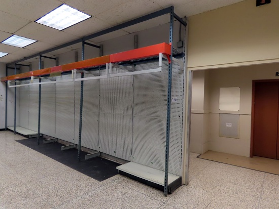 28' of Inventory Racking with Peg Board Backing with Metal Top Shelf, Botto