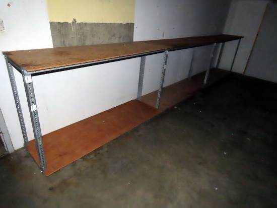 Storage Room Contents: Metal Racks with Wood Shelves & Fire Extinguisher.