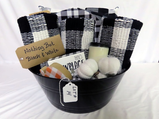 "Nothing But Black & White" Basket includes Black Tote; (3) Rugs; (2) Pumpk