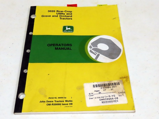 Operators Manual for John Deere 3020 Row-Crop, Utility, Grove, and Orchard