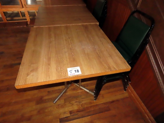 (3) 3' x 3' Tables with Padded Stackig Chairs, 8 Green, 4 Maroon.