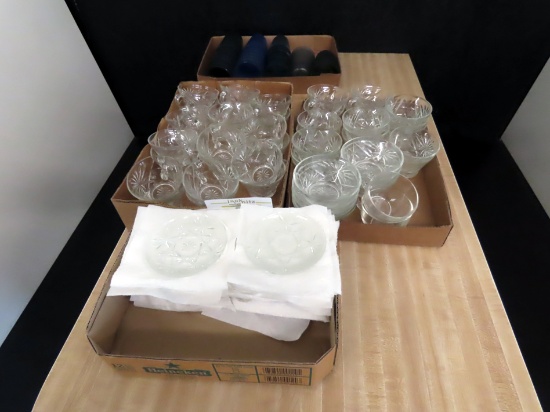 (3) Boxes of Glass Snack Set Dishware-Cups Saucers, Bowls, (1) Box of Small