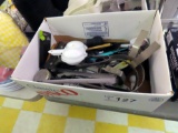 Large Box of Kitchen Utensils: Tongs, Grill Scrapers, Pot Holders, Forks, B