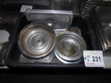 Heavy Duty Plastic Tub, Misc Lids, (3) Stainless Steel Plate Covers.