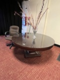 66 in Round Cherry Wood Table, Vase & Chair