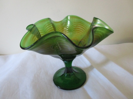 Fenton Green Carnival Glass Peacock Tail Compote