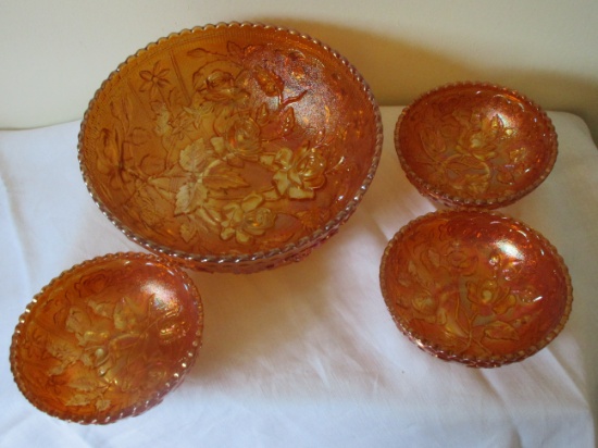 Imperial carnival glass marigold luster open rose bowl set