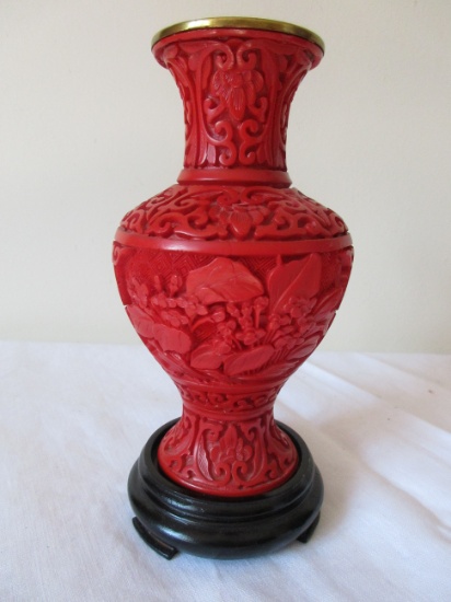 Vintage Brass Carved Faux Cinnabar Vase