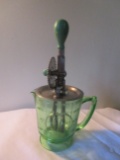 Green depression glass 4 cup measuring jar w/ hand mixer