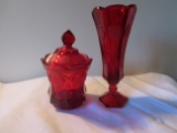 Fostoria coin red glass vase & candy dish