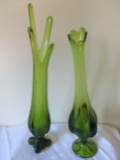 TWO Mid-century green swung glass vases