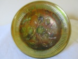 Imperial 3 Footed Rose Green Carnival Glass Bowl