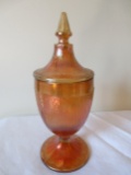 Amber iridescent carnival glass candy dish w/ lid