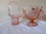 Fenton pink iridescent basket & fan vase
