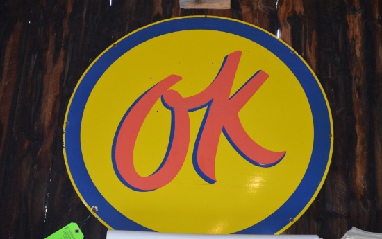 Vintage 36" Round Enamel OK Sign