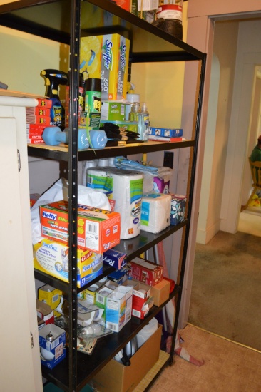 Lot: Household Cleaning Supplies, Steel Shelf & Cabinet