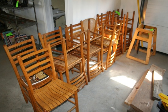 (11) Wood Ladder Back Slat Seat Chairs & (1) Wood High-Chair
