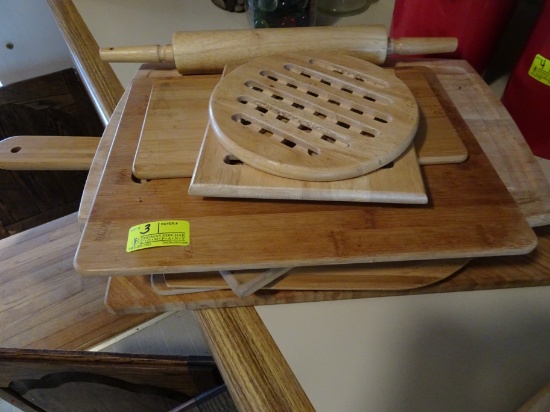 Lot of 7 Wood Cutting boards, 2 Wood Hot plates and Wood Rolling pin