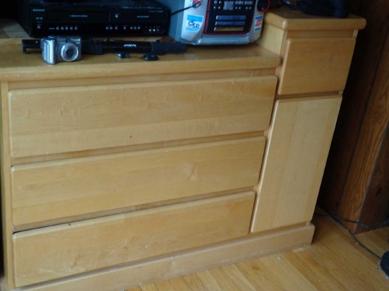 Bedroom Furniture:  Hardwood Dresser Three Drawers w/ Drawer and door to th