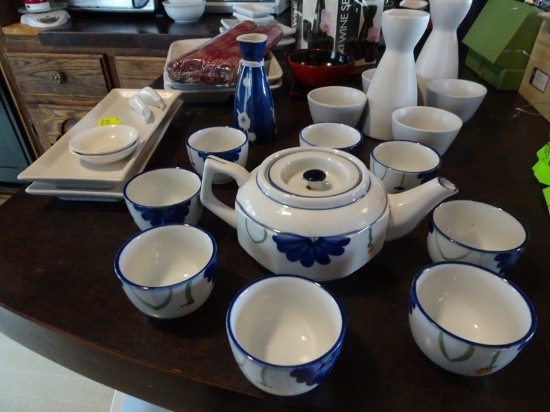 Japanese Saki & Sushi Pieces: Teapot w/8 cups; 3 Ceramic Saki Wine Sets, 2