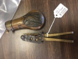 Colt's Patent Brass Bullet Mold (loss to sprue cutter) & Brass Powder Flask (unmarked, lacking spout