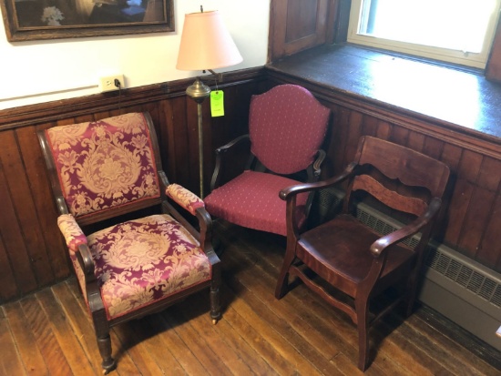 (2) Upholstered Arm Chairs & (1) Pine Arm Chair & Brass Floor Lamp