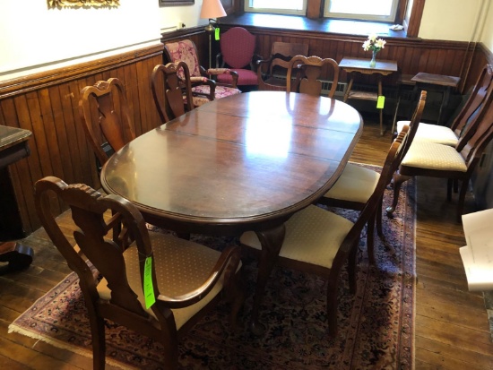 Cherry Veneer Drop Leaf Table w/ (8) Upholstered Chairs