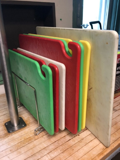 (7) Poly Cutting Boards & Rack
