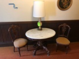 Oval Marble Top Table & (2) Side Chairs & Lamp