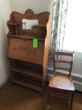 Oak Secretary w/ Mirror & Wicker Oak Chair