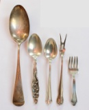 5 Pcs Sterling Silver: Childs Fork, Pickle Fork, Tablespoon & 2 teaspoons, 1 w/flowers