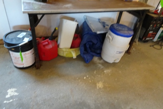 Gas Cans, Ice Melts, tarps & folding table