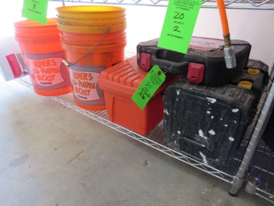 (4) Poly Tool Boxes & (3) 5 Gal Buckets
