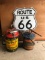 (2) Vintage Hand Cranked Pumps With Cans W/ Repro Rt 66 Sign