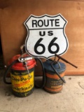 (2) Vintage Hand Cranked Pumps With Cans W/ Repro Rt 66 Sign