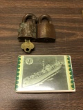 (2) U. S. Navy Brass Pad Locks & U.S.S. Dionysus Playing Cards