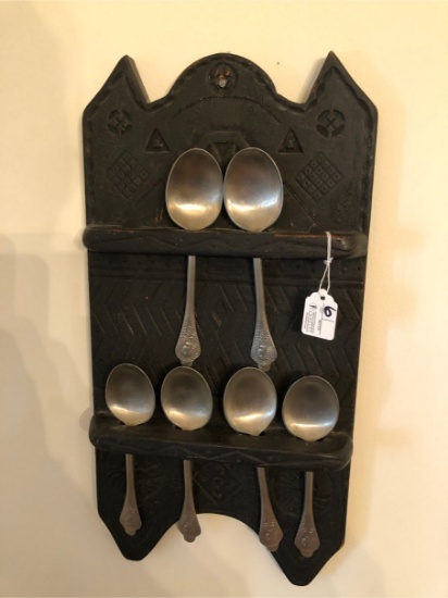 Contemporary Carved Wood Spoon Rack with (6) Contemporary Pewter Spoons