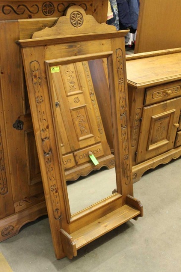 Pine Carved Wall Mirror w/ Shelf