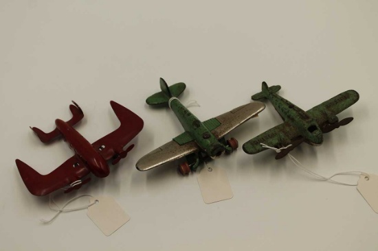 (3) Antique Cast Iron & Tin Toy Airplanes