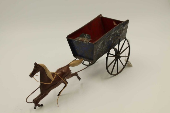 Antique Painted Tin Toy Horse & Cart