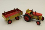 Lithograph Tin Clock Works Toy Zetor Tractor and Wagon