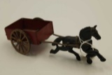 Antique Painted Tin Toy Cart with cast iron wheels and cast iron horse