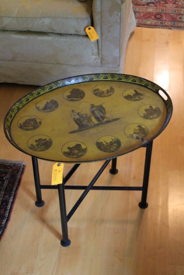 Antique Transfer Decorated Metal Tray with folding Wood Stand