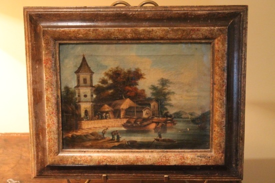 Early Oriental Oil on Canvas Painting Depicting a Fishing Port