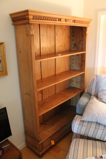 Pine Bookcase over Drawer Carved